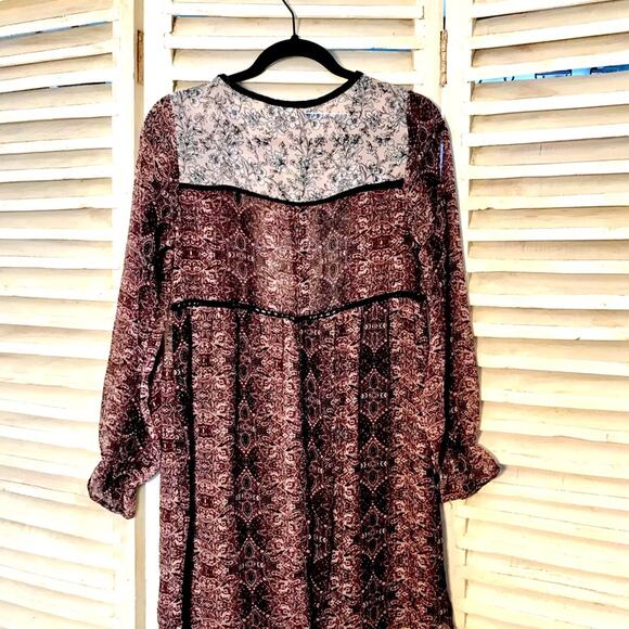 Knox Rose Women's Size XS Oversized Sheer Maroon Bohemian Mini Tunic Boho Dress - Picture 2 of 15